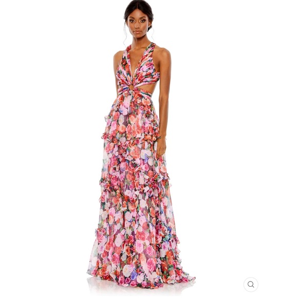 Mac Duggal 68076  Womens Ruffle Cut Out Sleeveless Floral Gown Dress - Picture 3 of 15
